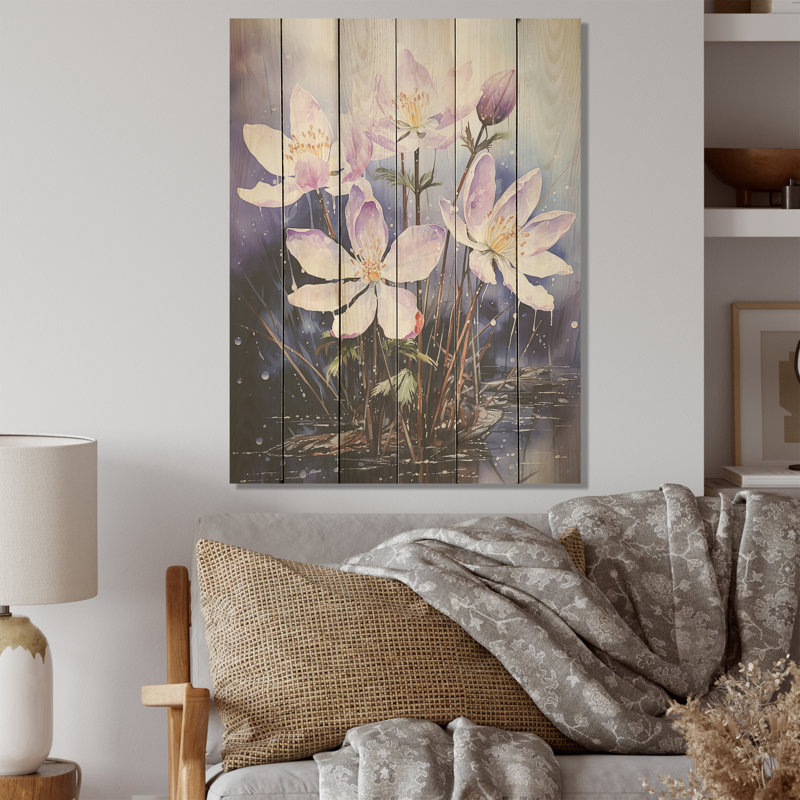«Snowdrops In Amethyst Hues - Snowdrops», art sur bois de pin naturel, H 20 po x l 10 po