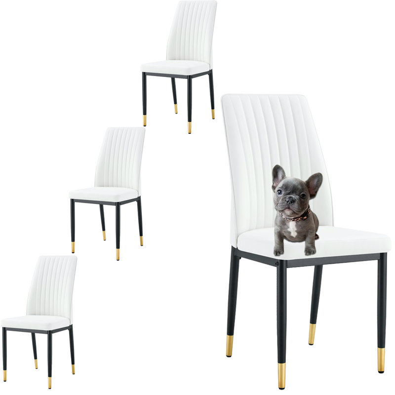Chaises de salle à manger en cuir robustes avec pieds en métal (ensemble de 4), Noir et or, Blanc