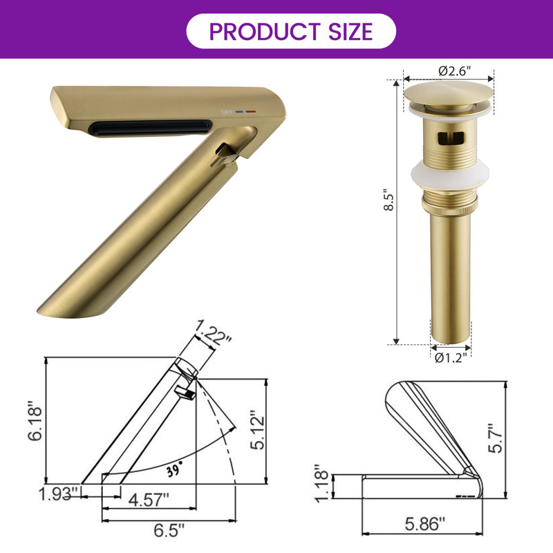 Robinet de lavabo de salle de bain monotrou en laiton massif 6,2 po avec aérateur réglable, Or brossé, Bonde incluse