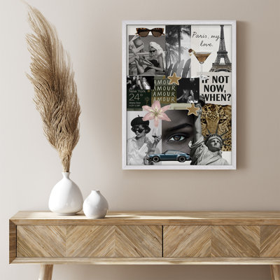 Framed Paris and New York Travel Collage Wall Art, Retro-Inspired Photographic and Graphic Design Print in Contemporary Style for Living Room or Entryway, Perfect for Glam or Modern Interiors Decor