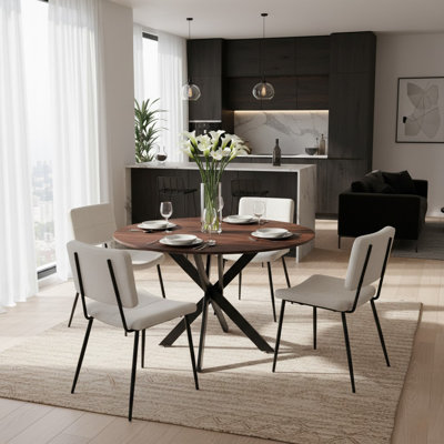 Ensemble de table de salle à manger 5 pièces pour 4 personnes, plateau en panneau de fibres à densité moyenne avec pieds en métal noir et chaises rembourrées beiges, ensemble de salle à manger moderne pour la cuisine