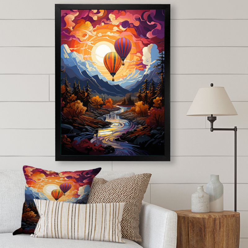 Impression sur toile «Orange Hot Air Ballon Collage II», H 32 po x l 16 po x P 1 po, Cadre photo noir