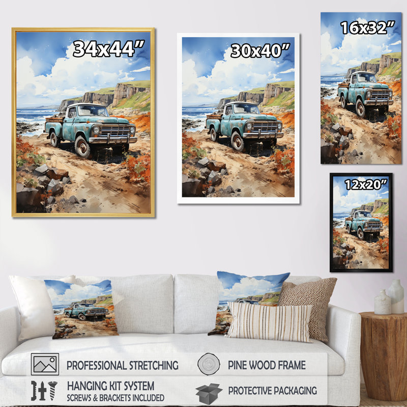 Taourirt Pickup Truck Coastal Harmony - Imprimé, H 20 po x l 12 po x P 1 po, Cadre photo noir