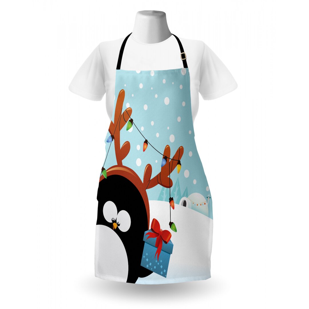 Schürze Lustiger Pinguin in Weihnachtsverkleidung mit Geschenk