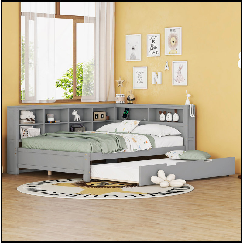Lit de jour double en bois avec lit gigogne simple, lit de jour avec tablette de rangement et ports de chargement USB, Gris