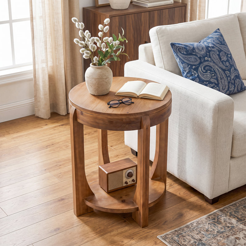 Table de bout ronde en bois massif, table d'appoint 19,7 po avec tablette de rangement inférieure, 1