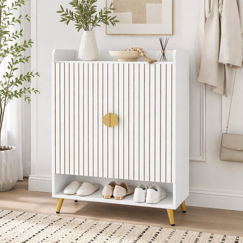 Armoire de rangement moderne pour chaussures, Or, blanc