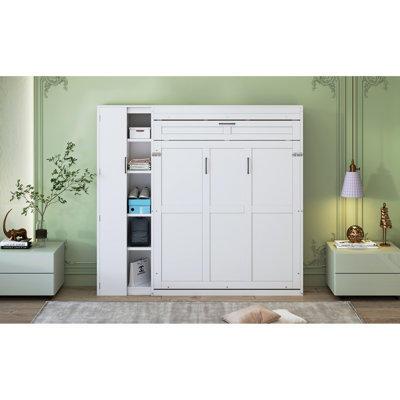 Grand lit mural blanc avec tablettes, garde-robe et lumières à DEL, pliable pour une utilisation multiple dans une petite chambre d'amis, appartement approprié