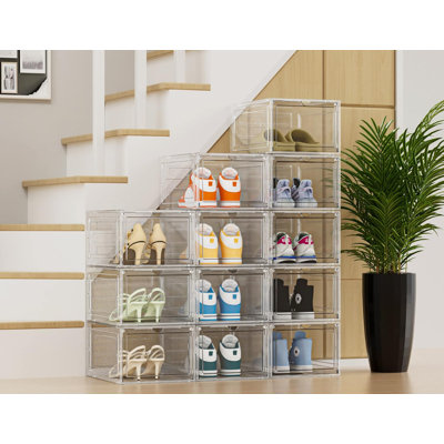 Boîtes de rangement pour chaussures transparentes en plastique dur avec couvercles, organisateur de chaussures empilable pour la présentation et la protection, assemblage facile et conception de porte magnétique