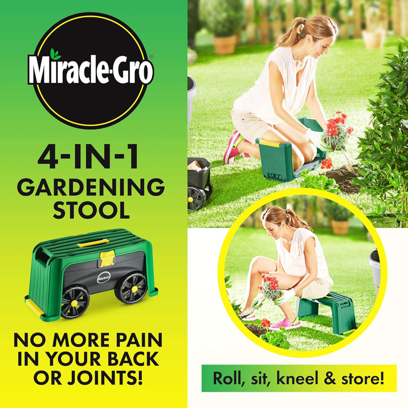Chariot roulant avec tabouret de jardin avec siège, bac de rangement, genoux rembourrés et gants gratuits Miracle Gro