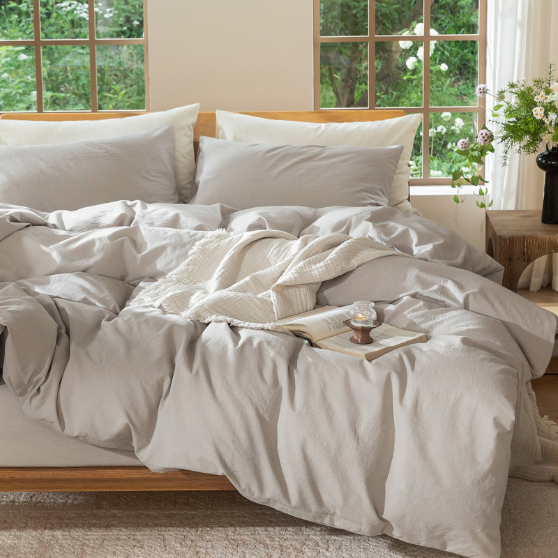 Ensemble de housse de couette 100% coton délavé MooMee, Housse de couette surdimensionnée pour grand lit , Gris crème