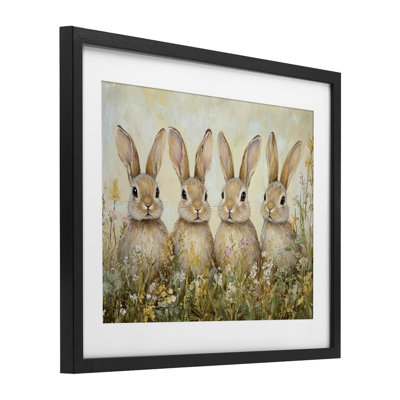 Four Bunnies in Flowers Framed Print Under Glass, design by Petal Prints Design