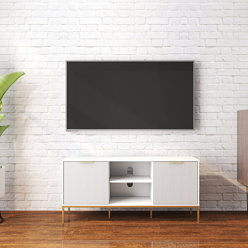 Modern TV Stand With Wave-Design Doors, Open Shelf & Adjustable Shelf, Tv Console