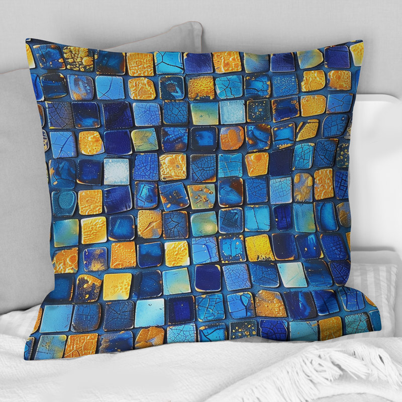 Carreaux de mosaïque moderne bleu et jaune III - Coussin moderne, H 18 po x l 18 po