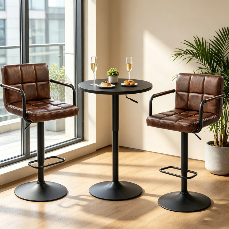 3 Piece Height-adjustable Pub Table And  Bar Stool Dining Set, Dark Brown/Black