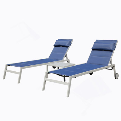 Outdoor Patio Chaise Lounge Set Of 3, Aluminum Pool Chairs With Side Table And Wheels, Textilene Padded Adjustable Recliner For All Weather Use
