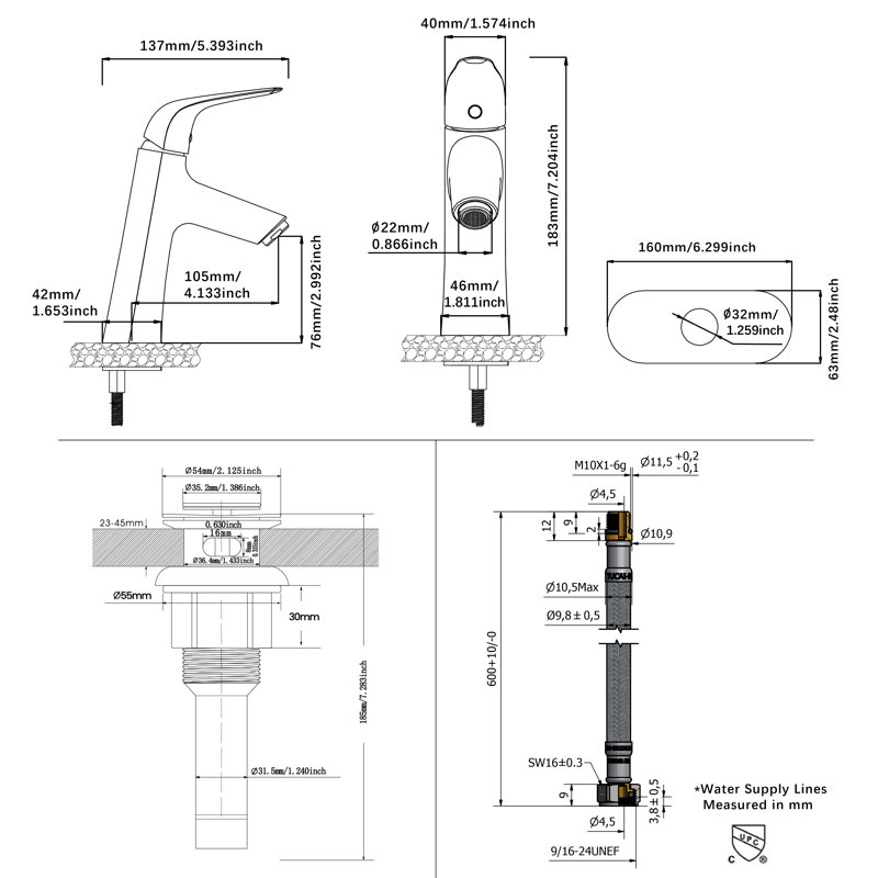 Robinet de salle de bains monotrou avec ensemble de drainage, Or brossé