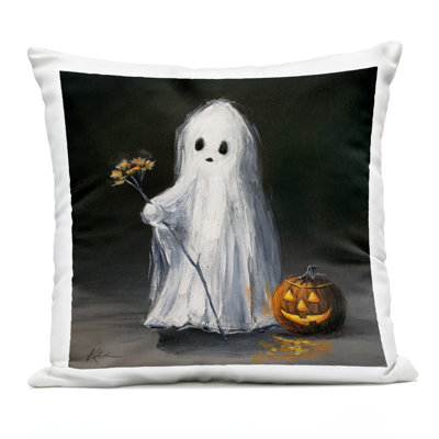 Vintage Halloween Ghost & Pumpkin Outdoor Printed Pillow design by Lindsay Kivi Fine Art