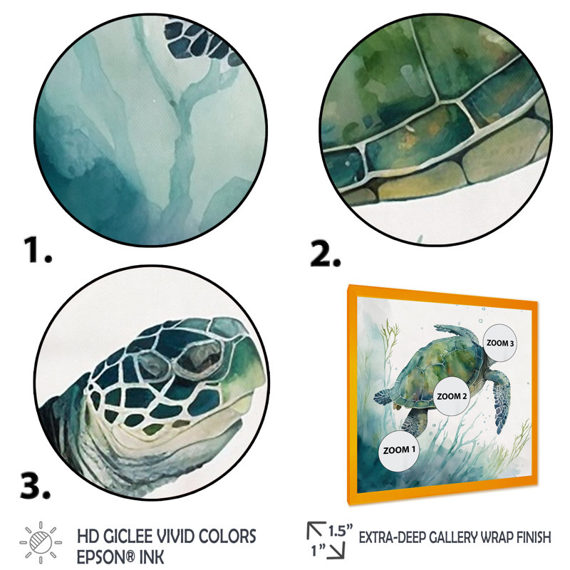 Tortue aquarelle nageant II - reproduction sur toile, H 24 po x l 24 po x P 1 po, Impression dorée sur toile encadrée