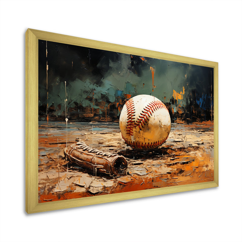 " Baseball Collage Glove And Ball ", Gold Picture Framed, 34" H x 44" W x 1.5" D