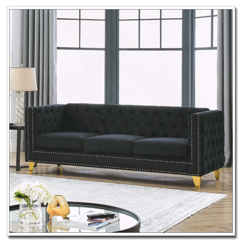 Canapé capitonné Chesterfield avec revêtement en velours et garniture cloutée, L 80,5 po, Velours noir