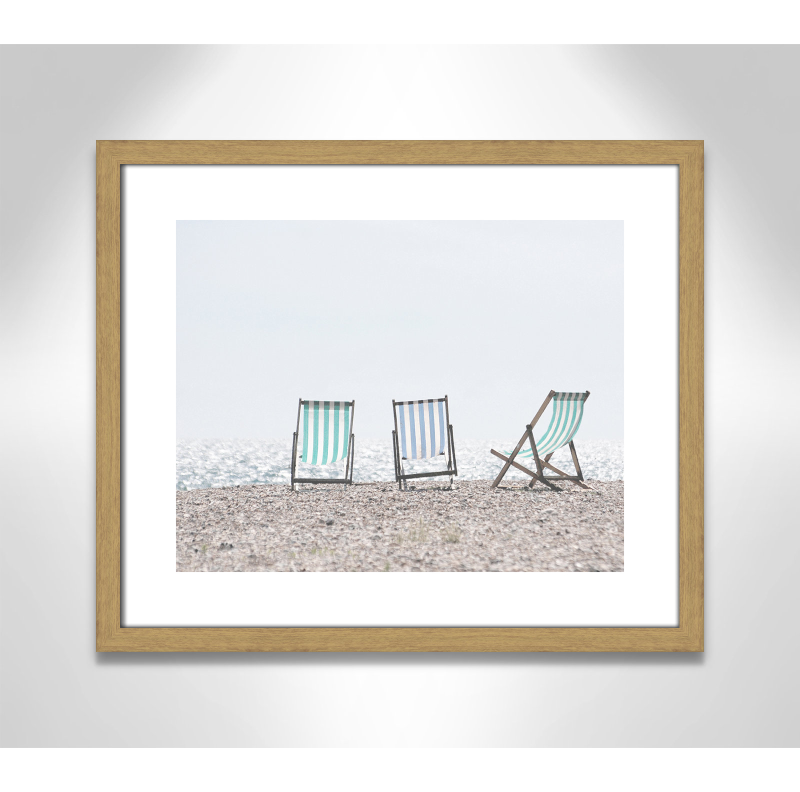 Adriatica "Beach Chairs" Print, 16" H x 19" W x 0.75" D, Natural Wood Grain Framed Paper