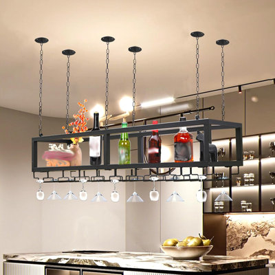 Ceiling Wine Glass Rack - Hanging Wine Rack With Glass Holder And Shelf, Height Adjustable Industrial Hanging Wine Bottle Holder, Black Metal Ceiling by Trent Austin Design