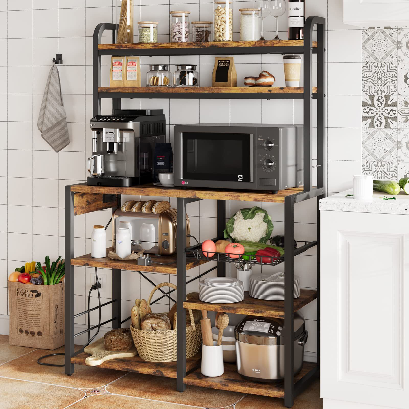 17 Stories 35.4” Bakers Coffee Bar Station Kitchen Storage Rack with Power  Outlet, Microwave Stand, Wire Basket, 6 S-Hooks, Kitchen Shelves & Reviews