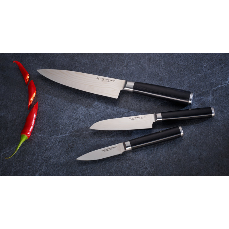 Echtwerk Damascus Knife Set, 3-Piece, Chef'S Knife, Kitchen Knife, Paring Knife, Damascus Steel, Pakka Wood, Silver, Black
