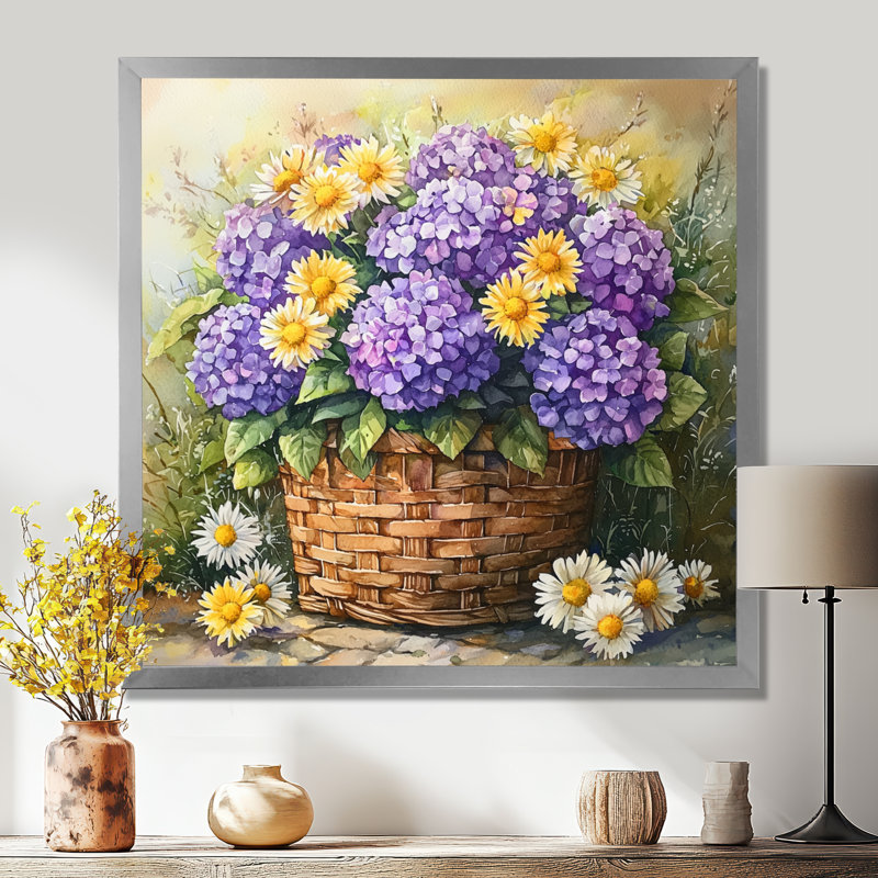 Hortensias et marguerites dans un panier - hydrangées, art mural, H 30 po x l 30 po, Reproduction encadrée d'une seule photo