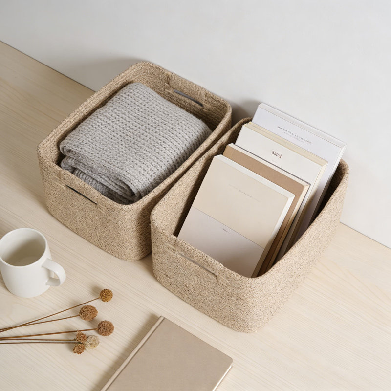 Grand panier de rangement tissé en paquet de 2 avec poignées, bac de rangement en corde de coton pliable pour tablettes, placard, cuisine, jouets et rangement