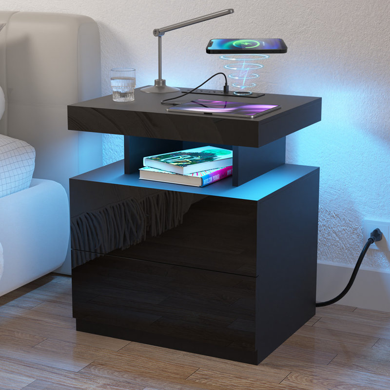 Chappa 2 - Drawer Nightstand with Wireless Charging Station & Smart LED Lights, Black