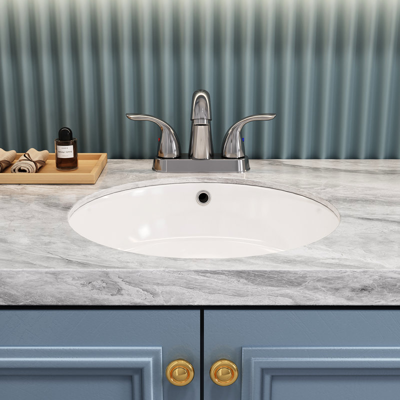 Robinet de lavabo de salle de bain, bec à arc moyen 5,45 po, 2 poignées, zinc, fixation sur plateau avec finition plaque 2, céramique, plaque montée, teinture