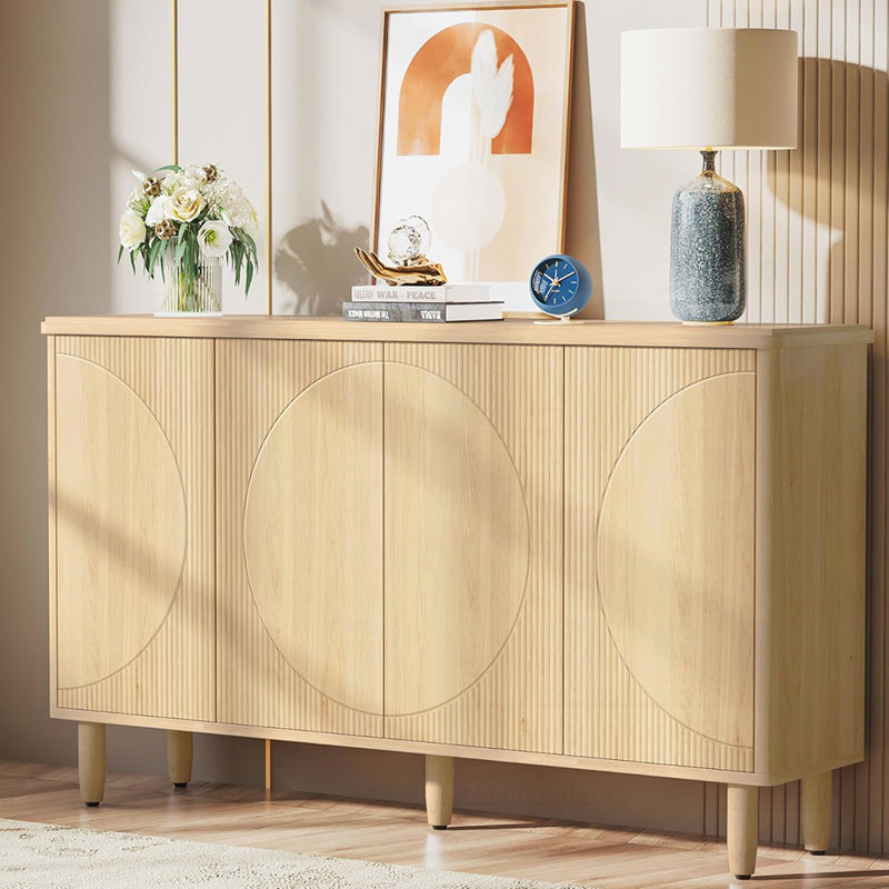 Buffet moderne avec rangement spacieux et portes élégantes en demi-cercle, parfait pour les maisons contemporaines, Noyer