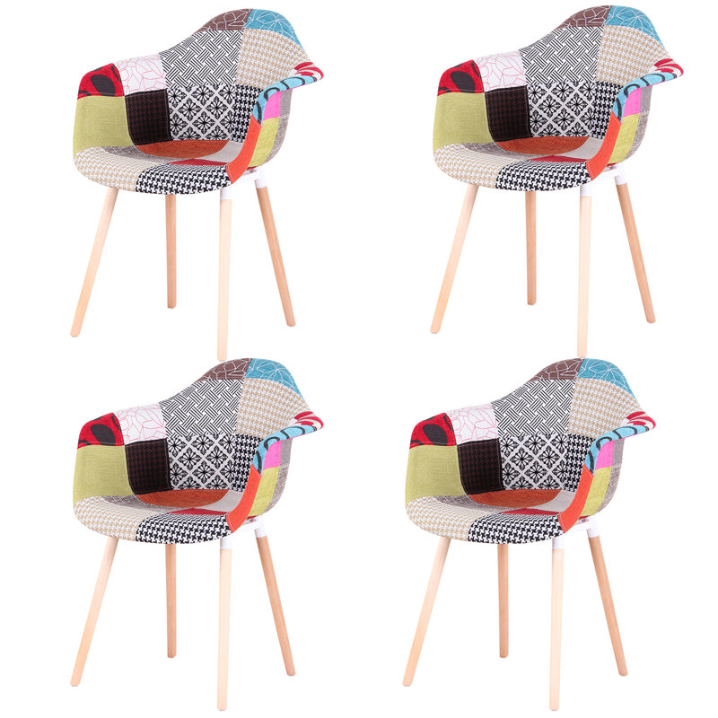 Retro Patchwork Armrest Dining Chair - Colorful Contrast Design - Solid Wood Legs, 4