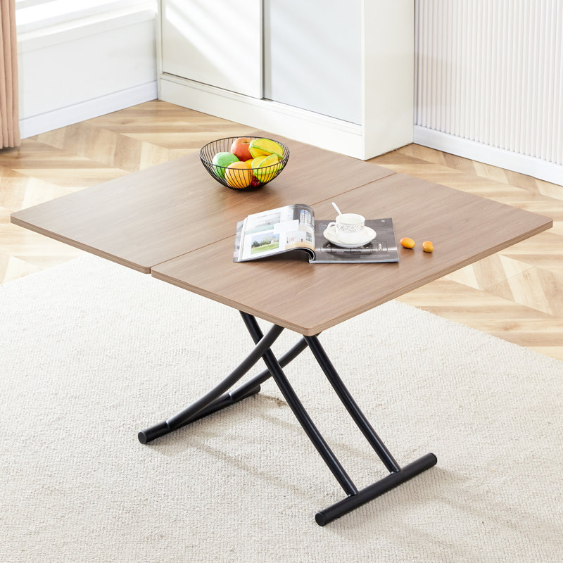 0.8-Inch Wood Grain Sticker Desktop Lifting Table - Modern Minimalist Aesthetic Black Metal Legs Adjustable 18.3 To 29 Inches Dressing, Coffee, Dining, Office Use Foldable And Space Efficient &