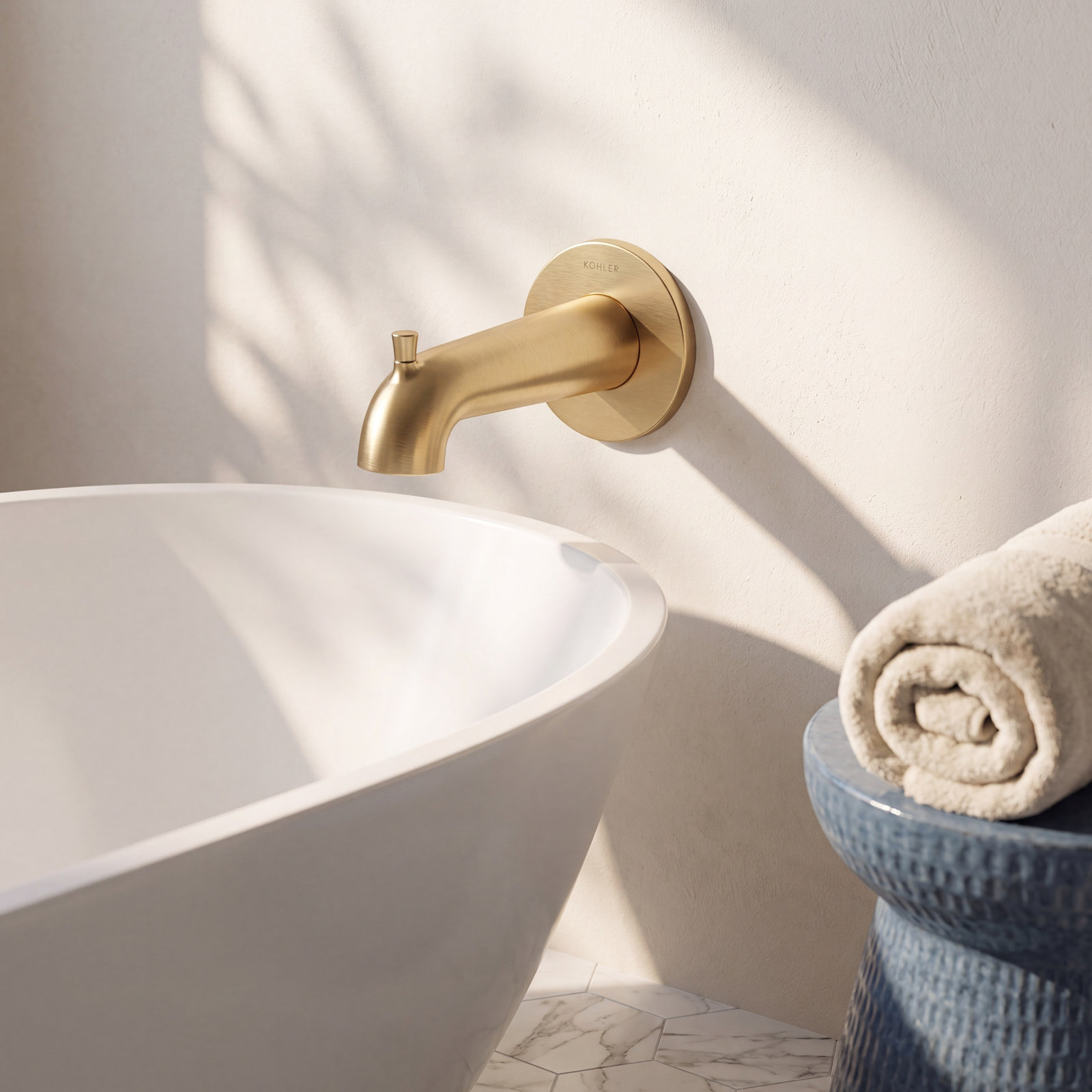 Castia Wall-Mounted Bath Spout with Diverter, Moderne Brass