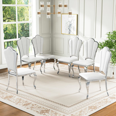 Luxury Leatherette Dining Chair Set, 42.52" High Back Flower Backrest Armless Chairs With Mirror Stainless Steel Legs