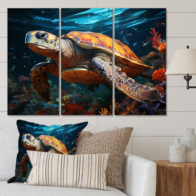 Tortue aquatique Wanderer géométrique II sur toile, 3 pièces, H 28 po x l 36 po x P 1 po