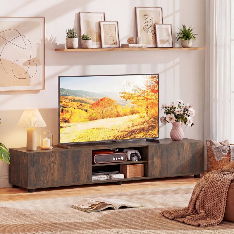 Meuble télé pour téléviseur de 70 po ou moins, console multimédia avec portes doubles et tablettes ouvertes brun rustique