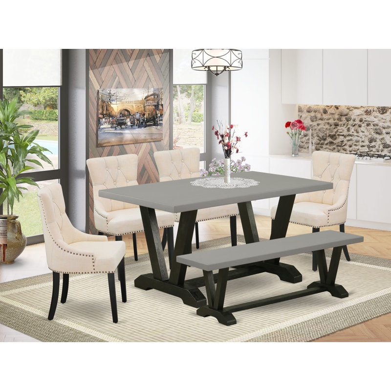 Ensemble de table de salle à manger 6 pièces - 4 chaises Parson beige clair avec capitonnage à boutons, banc en bois et table de salle à manger en ciment - Finition noire brossée