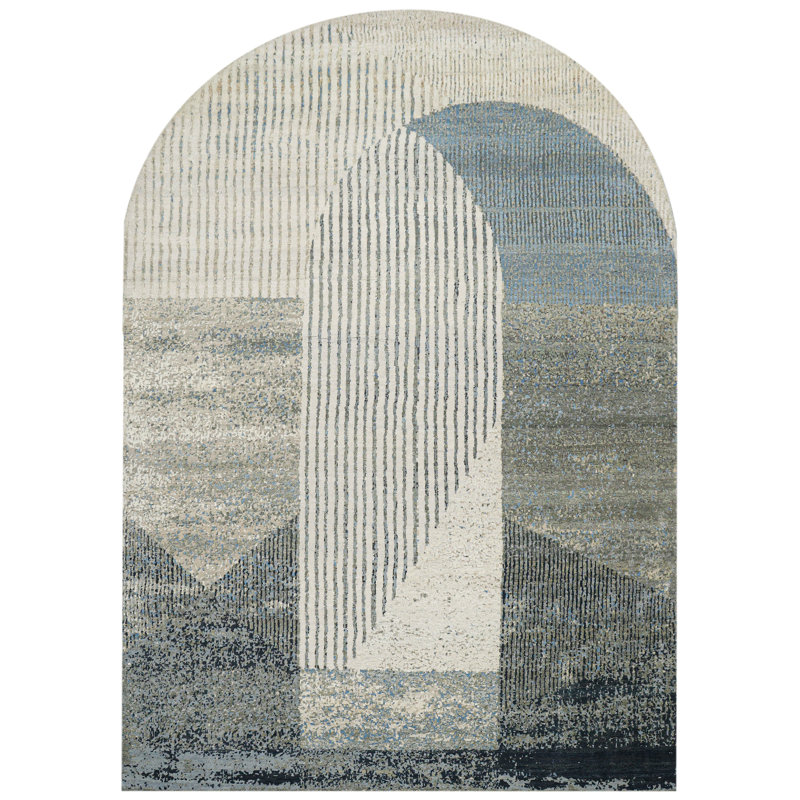 Hand Knotted Striped Area Rug in Silver/Gray/Blue, Rectangle 9' x 12'