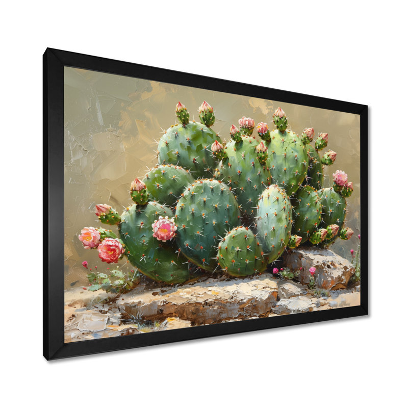 Décoration florale cactus vert lueur rose I - Cactus floral, Toile encadrée noire simple, H 16 po x l 32 po x P 1 po