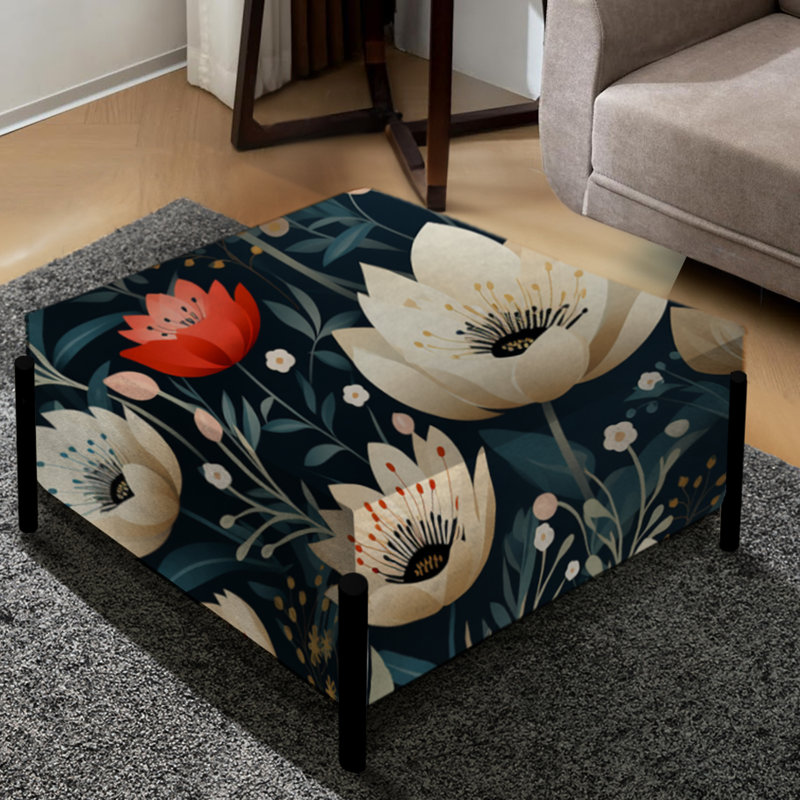 Motif floral ivoire et rouge côtier serein - Grand repose-pieds carré floral