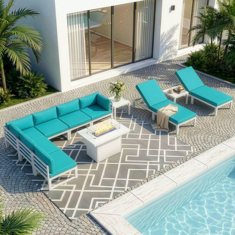 11 Pieces Modern Aluminum Patio Furniture Set With Fire Table, Outdoor Modular Sectional Conversation Set With Patio Chaise Lounges