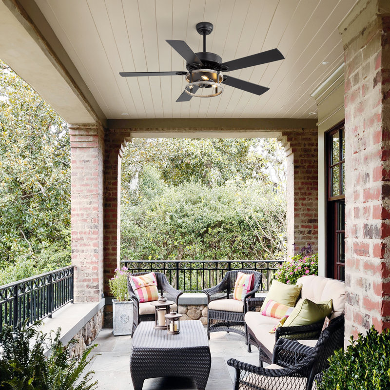52 Inch Ceiling Fan With Light, Industrial Farmhouse Ceiling Fan With 5 Blades, Black Metal Cage, Rustic Wood Finish, Remote Control, Reversible Motor For Bedroom Living Room Dining Room