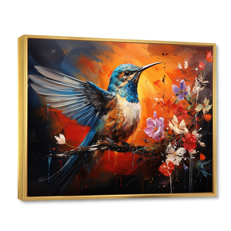 Teal Orange Hummingbird Enchanting Hum Collage - Animals Canvas Art Print, H 12 po x l 20 po x P 1 po, Cadre flottant doré