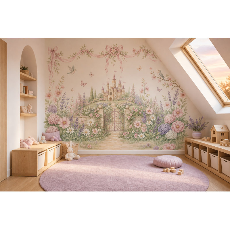 Décoration murale amovible de jardin féerique en forme de château aquarelle, 160 po x 108 po, Peler et coller