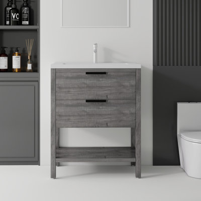 Meuble-lavabo autoportant de 30 po avec lavabo et tiroir à fermeture en douceur pour petites salles de bain