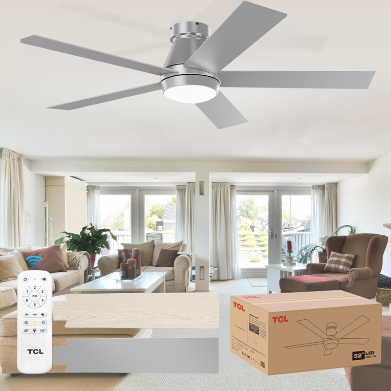  52" Ceiling Fan With Lights, Silver Flush Mount Ceiling Fans With Remote Control, 6 Speeds Dc Reversible, Dimmable, Noiseless, Low Profile Ceiling Fans For Bedroom
